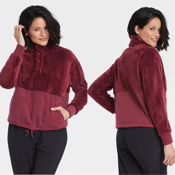 Large - Womens Snap Front Cozy Sherpa Pullover Sweatshirt - All in Motion - Burg - Picture 1 of 9